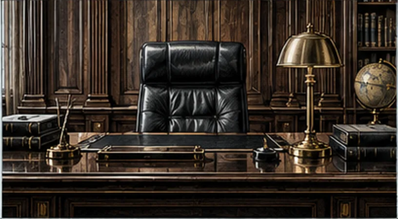 A panelled office: a high leather chair behind a desk carrying a brass lamp, a globe and a stack of folders.