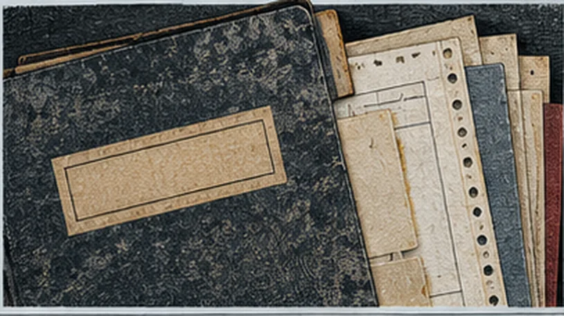 A stack of worn file folders and loose typed sheets, the top one carrying a blank label.