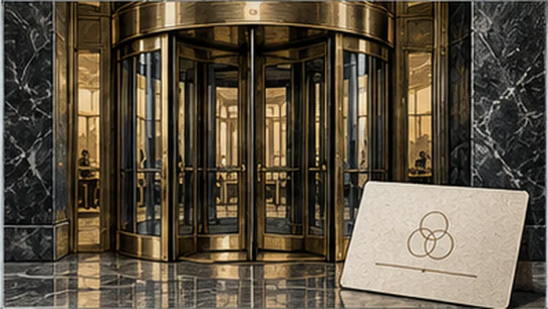 A brass revolving door in a marble lobby, with a sealed card propped against the floor in front of it.