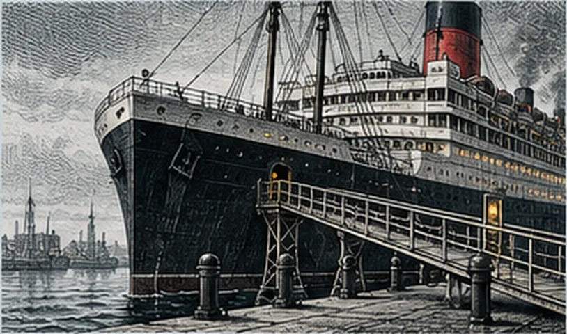 An ocean liner alongside a quay in an engraved style, a gangway running down to the dock, a harbour behind.