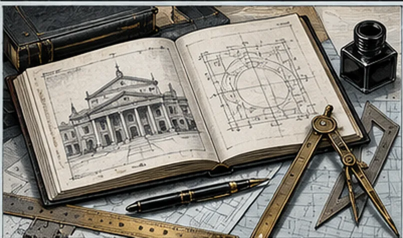 An open book showing an engraved public building on one page and a geometric diagram on the other, with dividers, a ruler and an inkwell beside it.