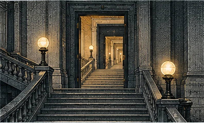 A broad stone staircase rising between lamps toward a lit doorway, and another beyond it.