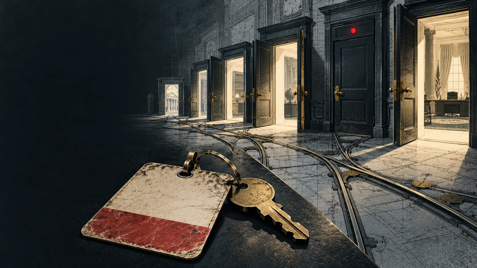 A dark hall. A row of heavy doors stands open onto lit rooms — a library, an office with a globe, a presidential office. Railway track is set into the marble floor and curves into each doorway. In the foreground a worn pass tag and a brass key lie on the stone.