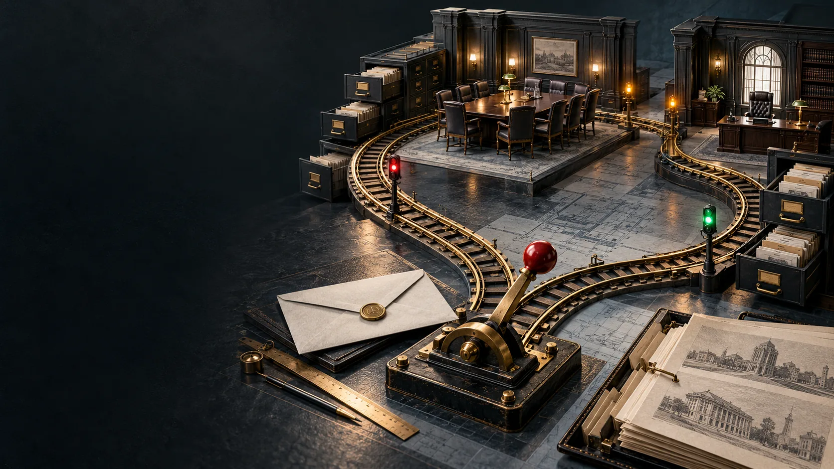 A model yard built on a dark desk. Brass rails curve between a panelled boardroom with a long table, a private office, and open drawers of index cards. A red signal stands on one branch and a green one on another, a point lever with a red ball waits at the junction, and a wax-sealed envelope lies beside it on a set of architectural drawings.