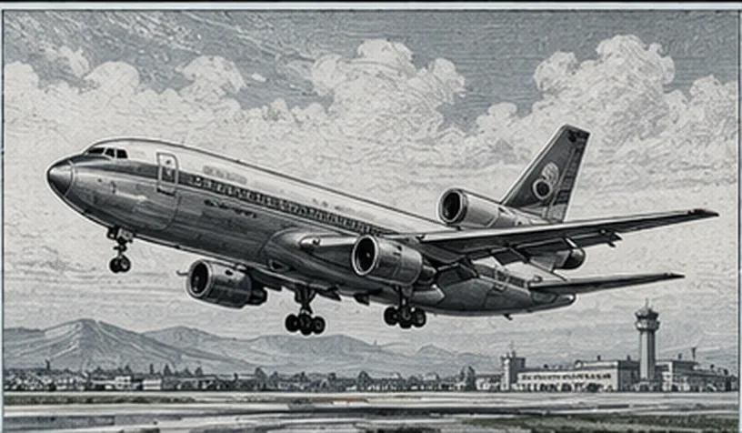 An airliner climbing away from an airfield, drawn in an engraved style.