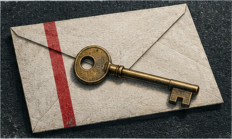 A sealed envelope with a red stripe, a large brass key lying across it.