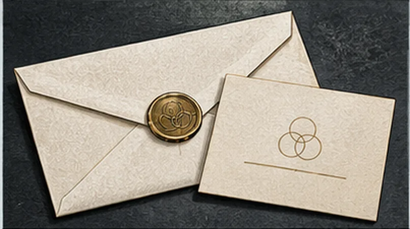 A heavy envelope closed with a wax seal, and a card beside it carrying three interlocking rings.