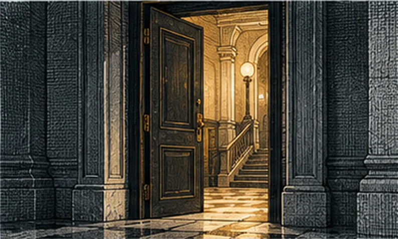 A heavy panelled door standing open onto a lit, columned corridor.