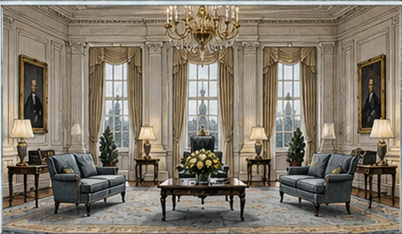 A large formal reception room with a chandelier, tall windows, portraits and arranged seating.