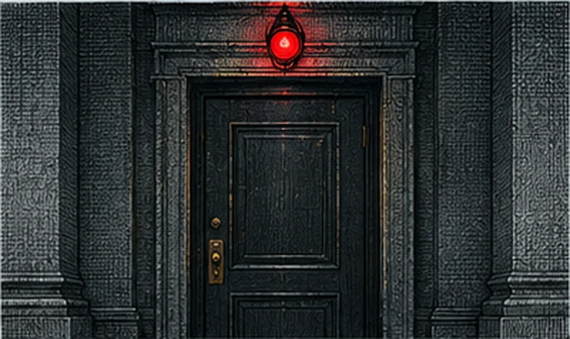A closed door in a stone facade with a single red lamp burning above it.