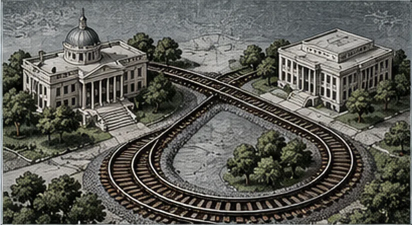 Two public buildings seen from above, with railway track running out of each, crossing, and curving back round in a loop.