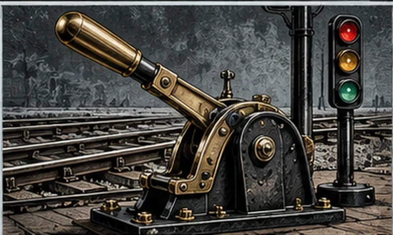 A railway point lever and its mechanism beside the rails, with a signal showing red, amber and green.
