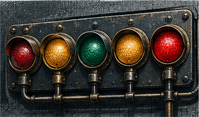 Five signal lamps on a steel plate — red, amber, green, amber, red — fed by brass pipework.