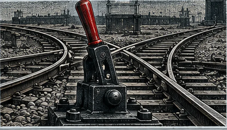 A railway point lever beside tracks that split four ways in a yard.