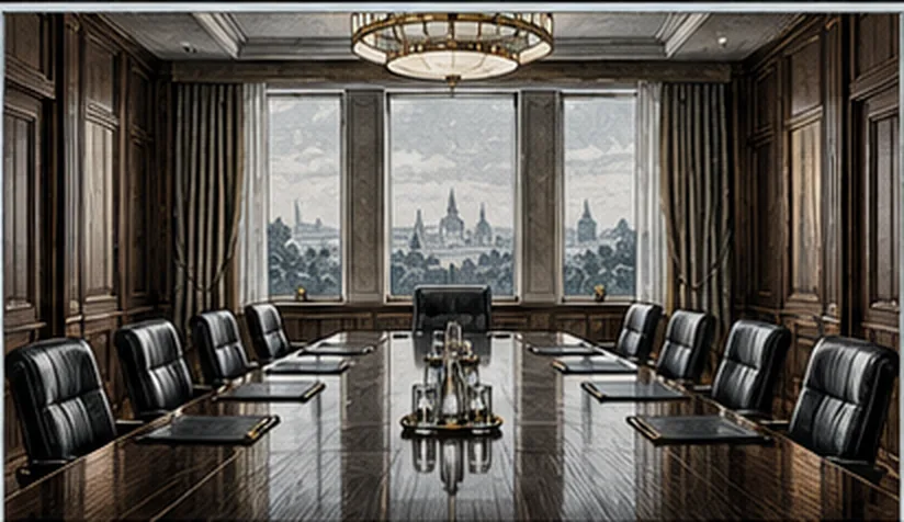 A boardroom: a long polished table ringed with high-backed leather chairs, a city visible through the window.