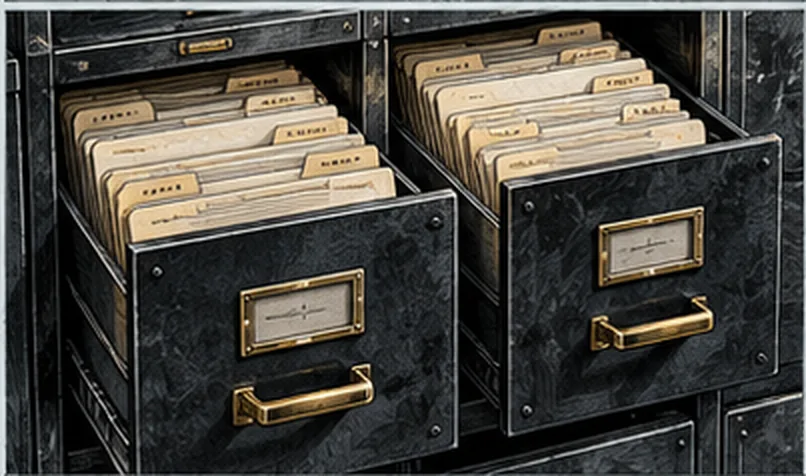 Two open filing drawers packed with tabbed index cards and brass label holders.